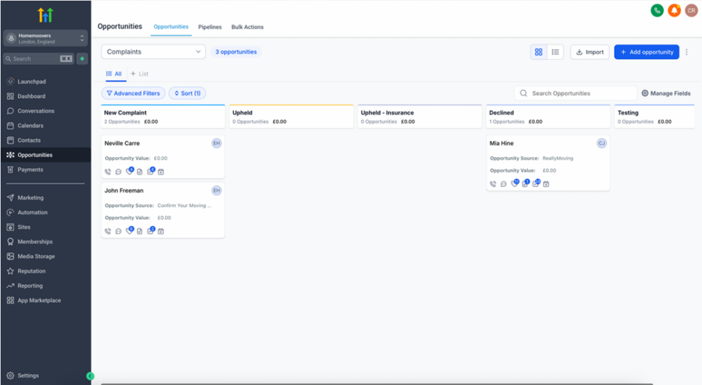GoHighLevel CRM Pipeline & Opportunity Management by Autoesta GoHighLevel CRM pipeline showing opportunity stages, lead movement, and deal tracking configured by Autoesta for real business workflows