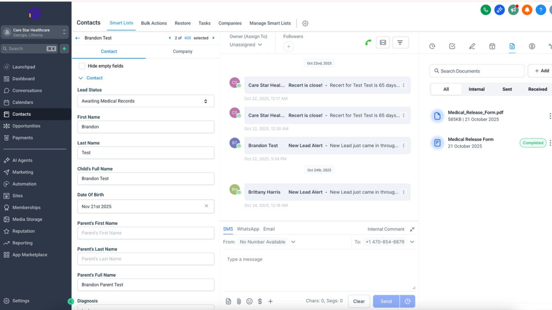 GoHighLevel dental CRM contact profile showing patient details, communication history, and medical document management