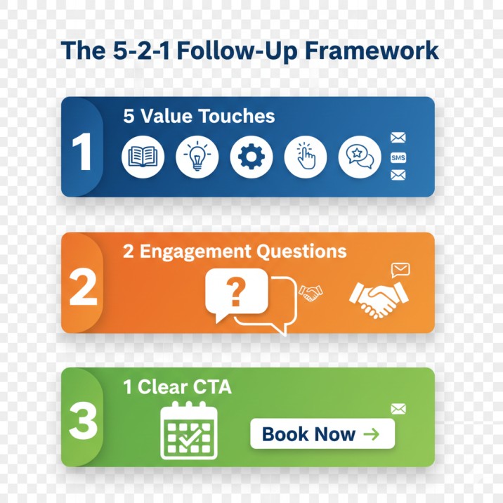 "5-2-1 framework infographic for GoHighLevel showing five value touches, two engagement questions, and one call-to-action strategy"