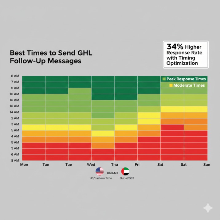 "GoHighLevel message timing heat map showing best days and hours for follow-up sequences with 34% higher response rates"