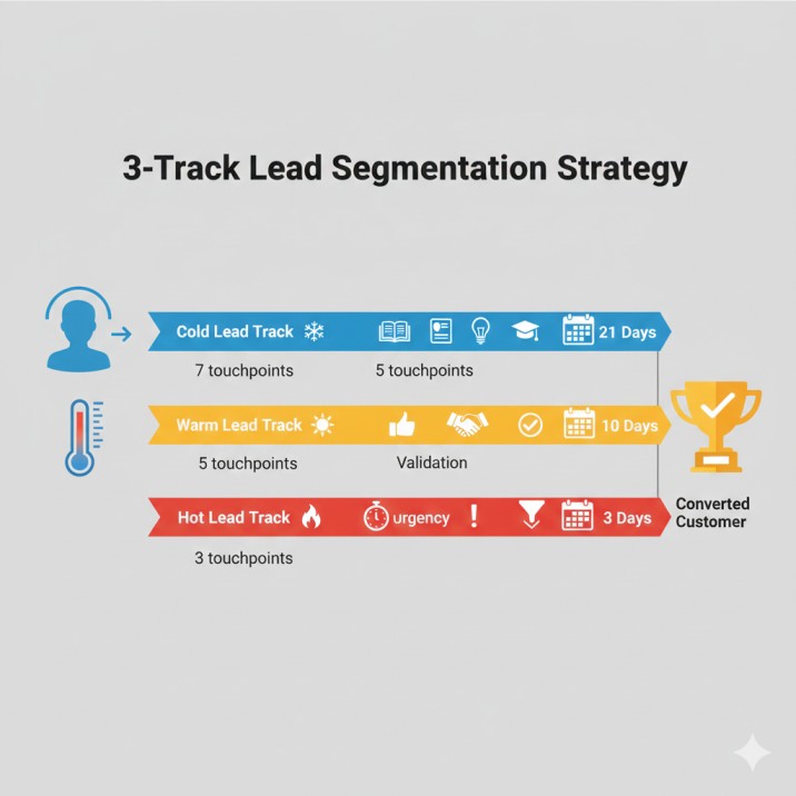 "GoHighLevel lead segmentation workflow with three tracks for cold, warm, and hot leads showing different touchpoint sequences"
