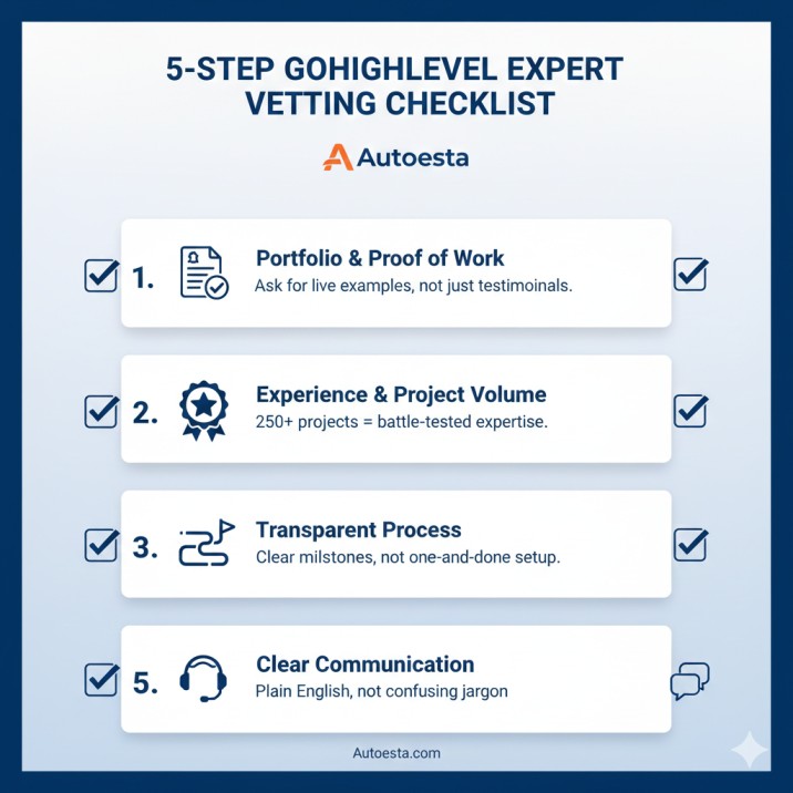 GoHighLevel expert vetting checklist infographic - 5 steps to hiring the right consultant near me