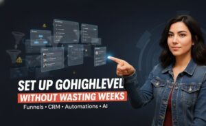 "GoHighLevel setup dashboard showing pipeline configuration, calendar settings, and navigation menu for proper platform installation