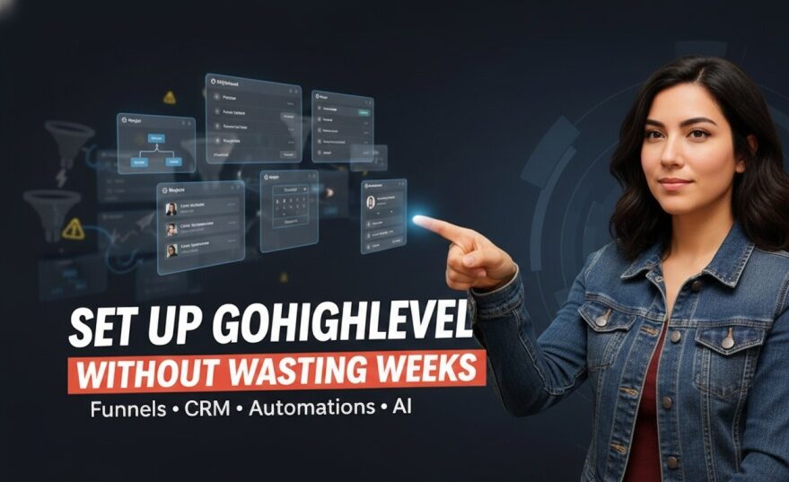 "GoHighLevel setup dashboard showing pipeline configuration, calendar settings, and navigation menu for proper platform installation
