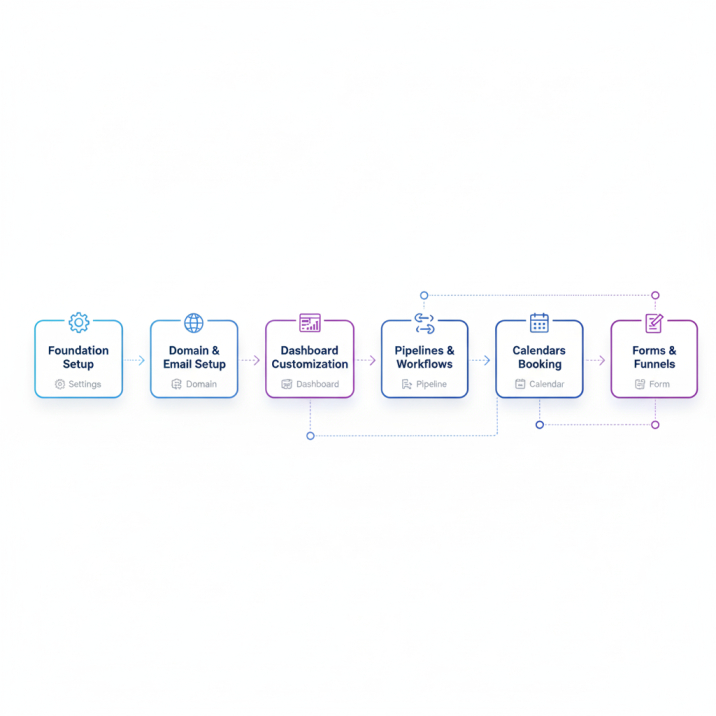GoHighLevel onboarding blueprint showing a step-by-step setup process with six phases including account foundation, domain and email setup, dashboard customization, pipelines and workflows, calendars, and lead capture forms.