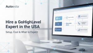 GoHighLevel expert dashboard showing CRM setup, automation workflows, email and SMS follow-ups for US businesses