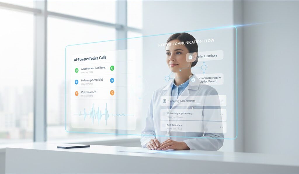 Healthcare professional reviewing CRM dashboard with AI-supported patient calling workflows
