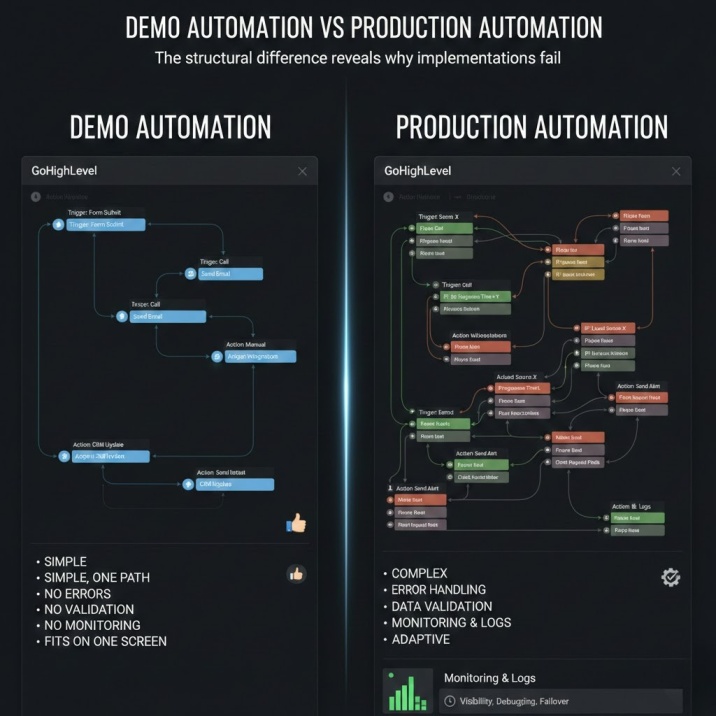 Comparison of demo automation vs production automation workflows in GoHighLevel showing simple demo flows versus complex production systems with error handling, validation, and monitoring