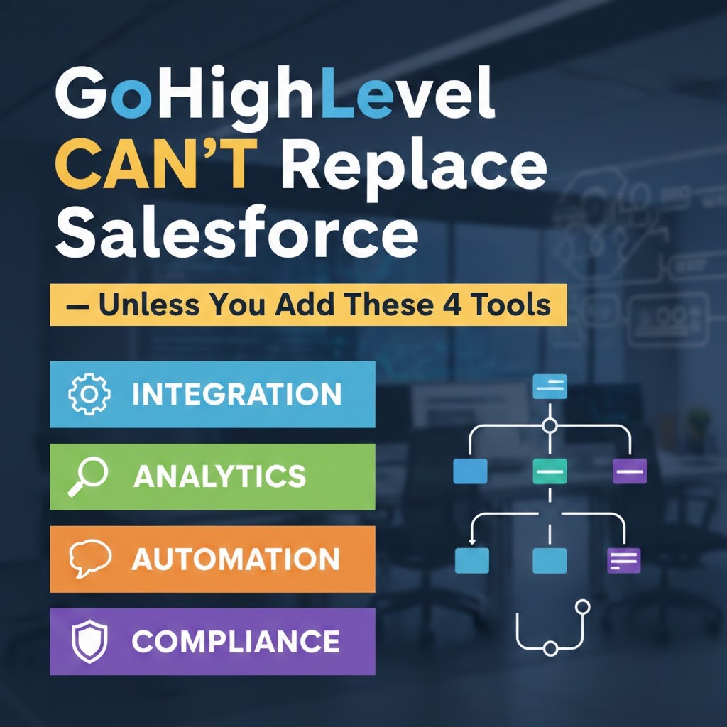 Graphic explaining GoHighLevel vs Salesforce replacement including integration, analytics, automation, and compliance requirements.