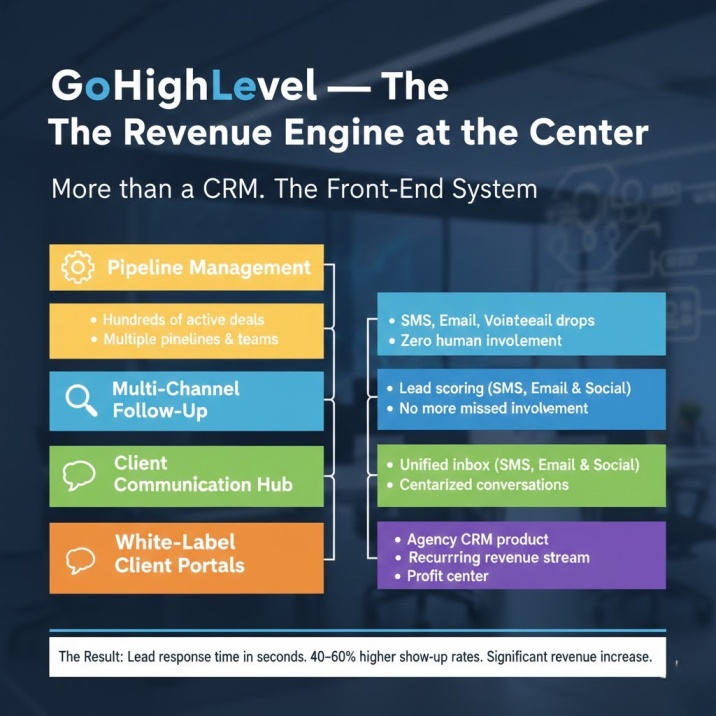 GoHighLevel CRM revenue engine diagram showing pipeline management, multi-channel follow-up, client communication hub, and white-label client portals.
