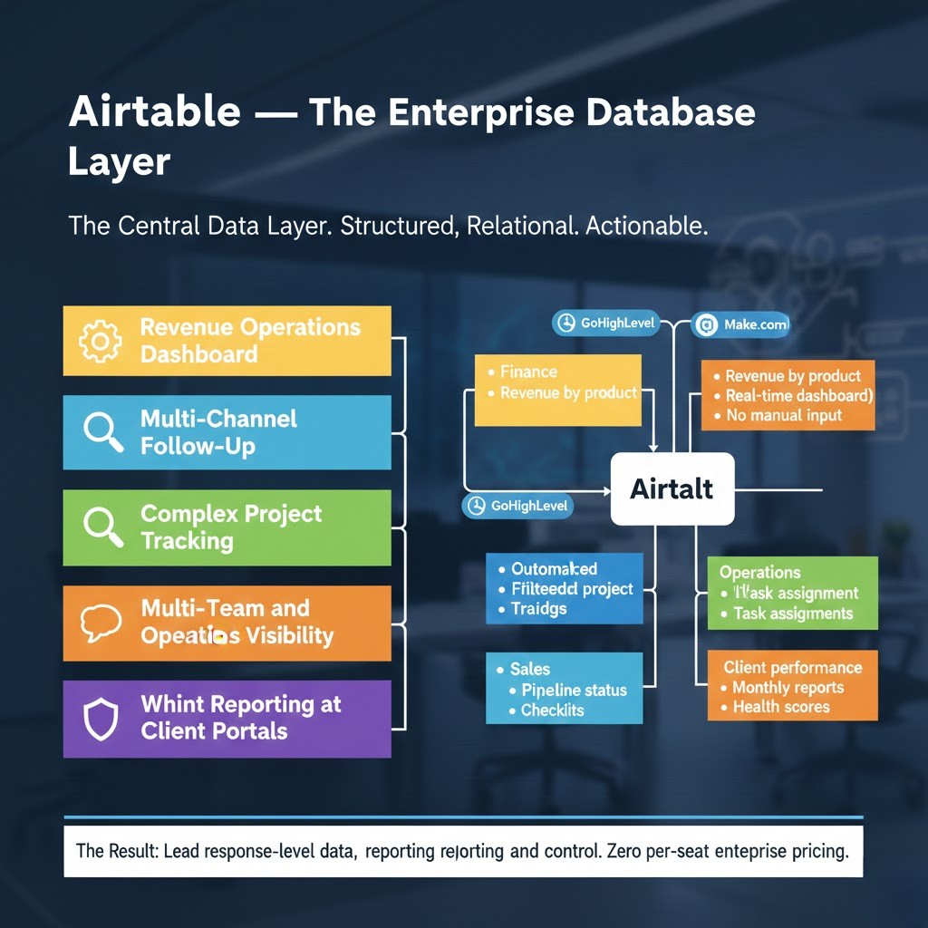 Airtable enterprise database system diagram showing revenue dashboard, project tracking, finance reporting, and multi-team operations visibility.