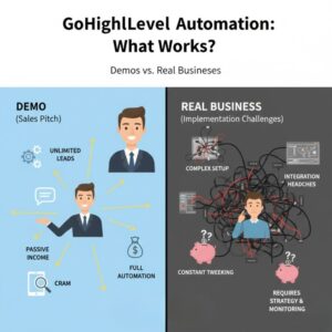 GoHighLevel automation comparison showing demo promises like unlimited leads and full automation versus real business challenges including complex setup, integrations, and ongoing optimization.