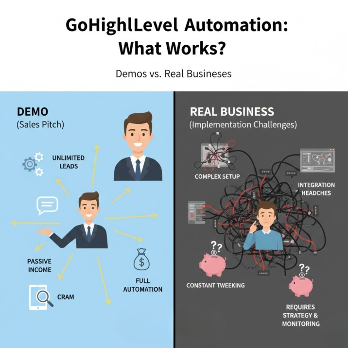 GoHighLevel Automation: Demo vs Real Business Reality GoHighLevel automation comparison showing demo promises like unlimited leads and full automation versus real business challenges including complex setup, integrations, and ongoing optimization.