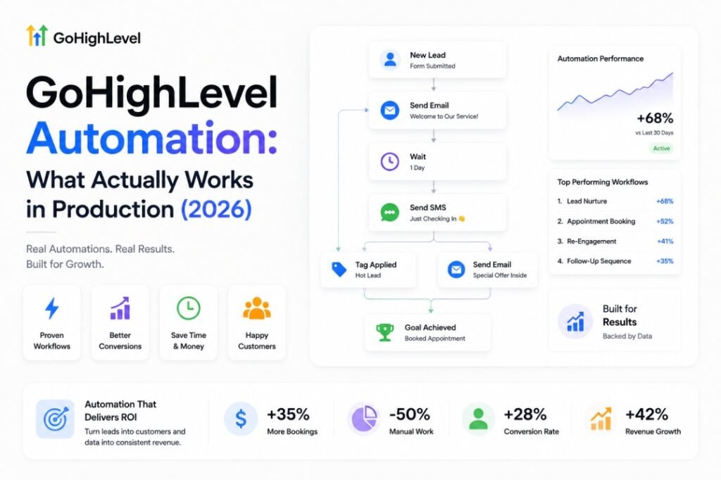 GoHighLevel automation workflow showing lead capture, email and SMS follow-up, appointment booking, performance analytics, and ROI results