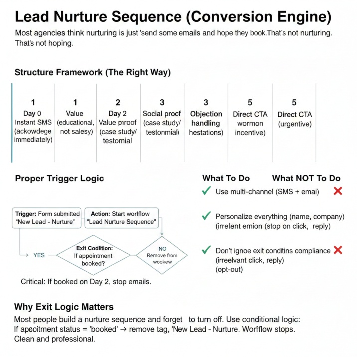 GoHighLevel lead nurture sequence workflow showing 5-day automated email and SMS campaign with personalization tags, exit conditions, and multi-channel touchpoints