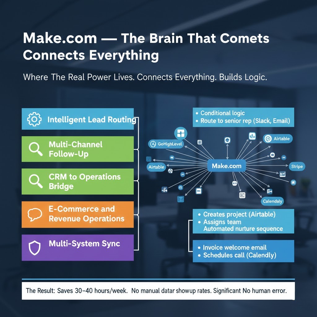 Make.com automation workflow diagram showing intelligent lead routing, CRM to operations bridge, e-commerce sync, and multi-system integrations.
