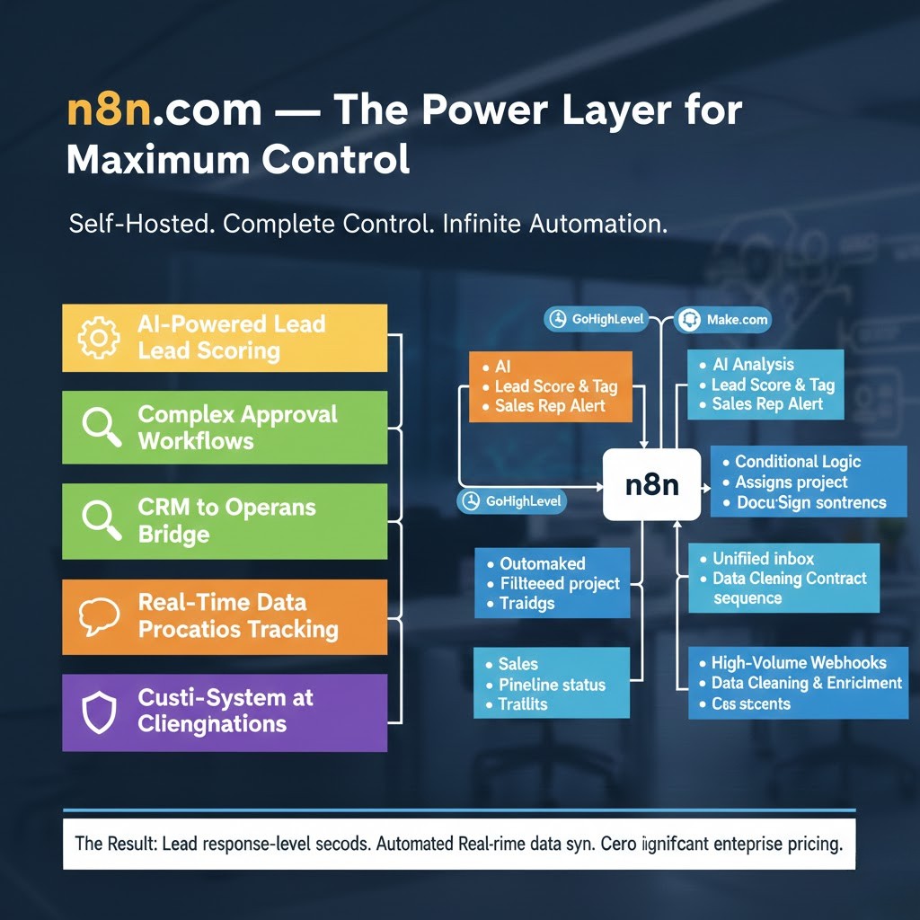 n8n workflow automation diagram connecting GoHighLevel, Make.com, AI lead scoring, conditional logic, and real-time data synchronization.
