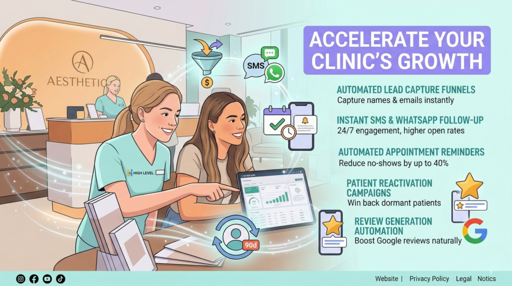 GoHighLevel automation system showing lead capture, SMS follow up, appointment reminders and review requests for aesthetic clinics.