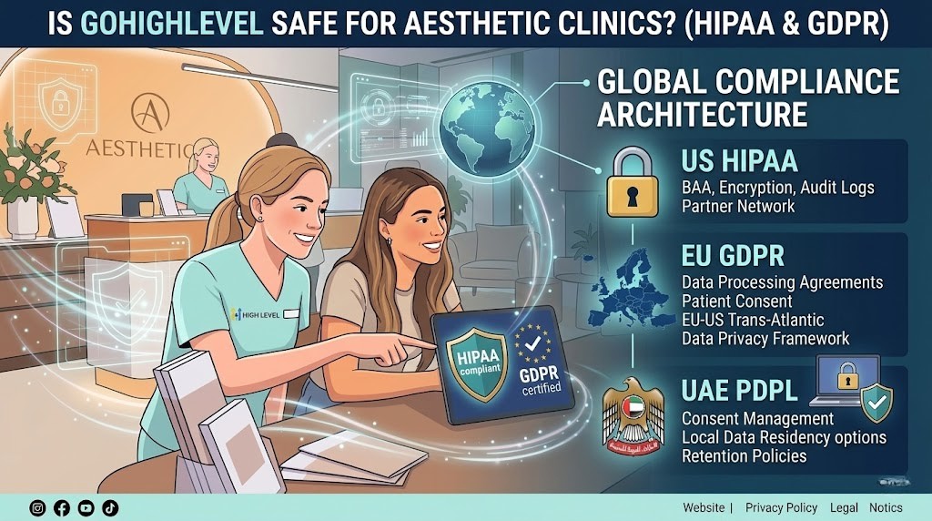 GoHighLevel CRM security and compliance for aesthetic clinics showing HIPAA, GDPR and data protection safeguards