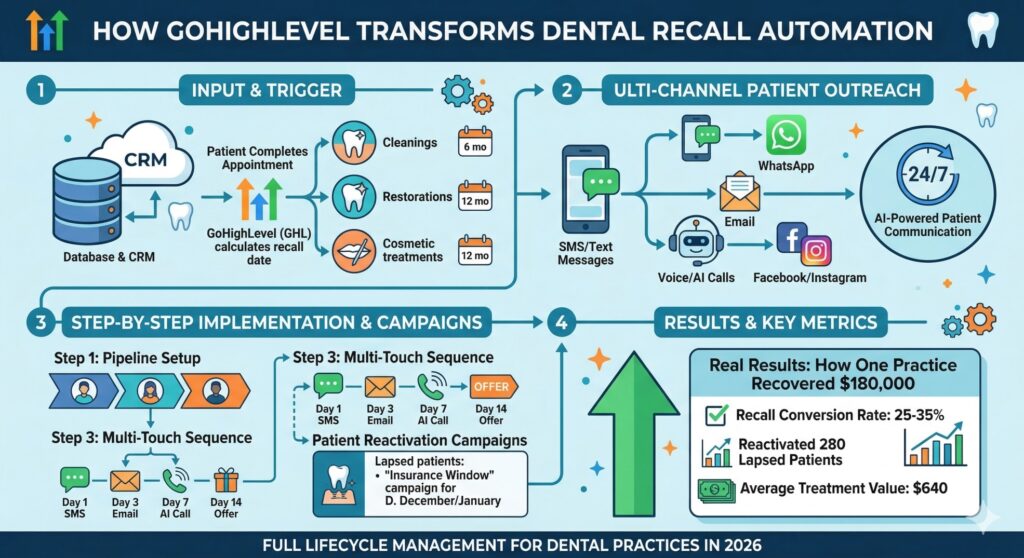 GoHighLevel dental recall automation diagram with CRM triggers, multi-channel outreach, SMS, email, AI calls, and patient reactivation campaign results