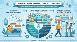 GoHighLevel dental recall system diagram showing automated patient reactivation using email, SMS, and voicemail to increase clinic bookings and revenue