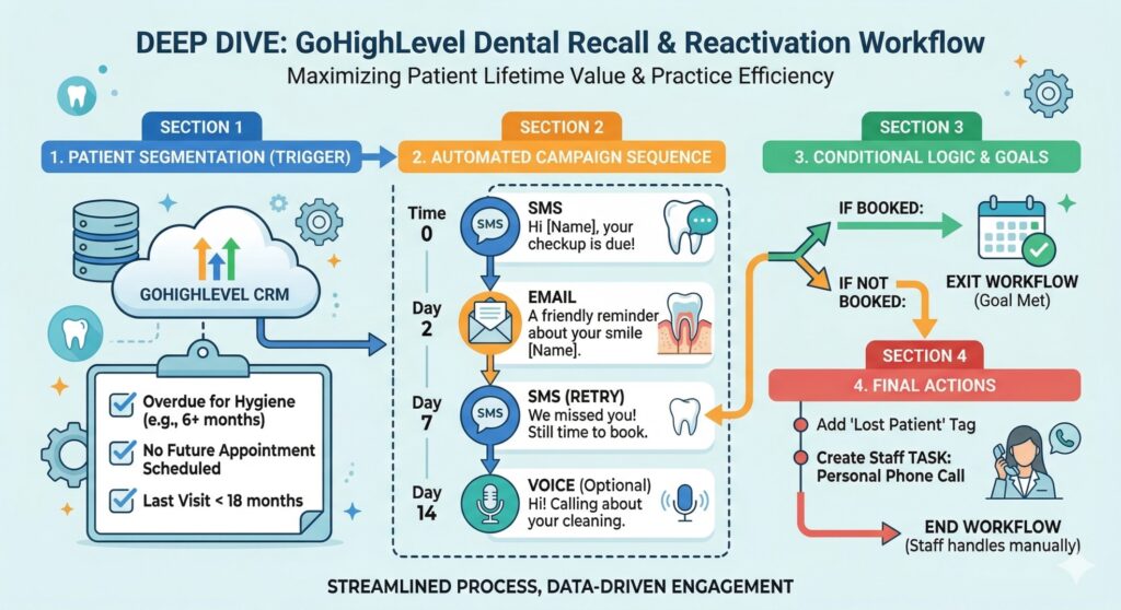 GoHighLevel dental recall workflow diagram with patient segmentation, automated SMS and email reminders, conditional logic, and reactivation process