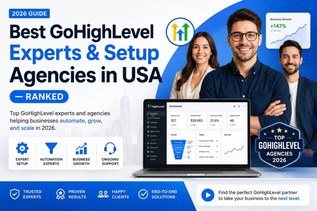 Premium hero illustration showcasing the best GoHighLevel experts and setup agencies in the USA with CRM dashboard, automation tools, analytics, rankings, and business growth elements in a modern blue and white design.