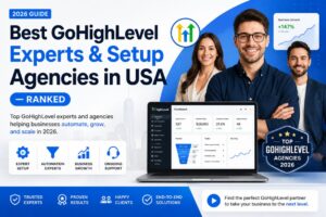 Premium hero illustration showcasing the best GoHighLevel experts and setup agencies in the USA with CRM dashboard, automation tools, analytics, rankings, and business growth elements in a modern blue and white design.