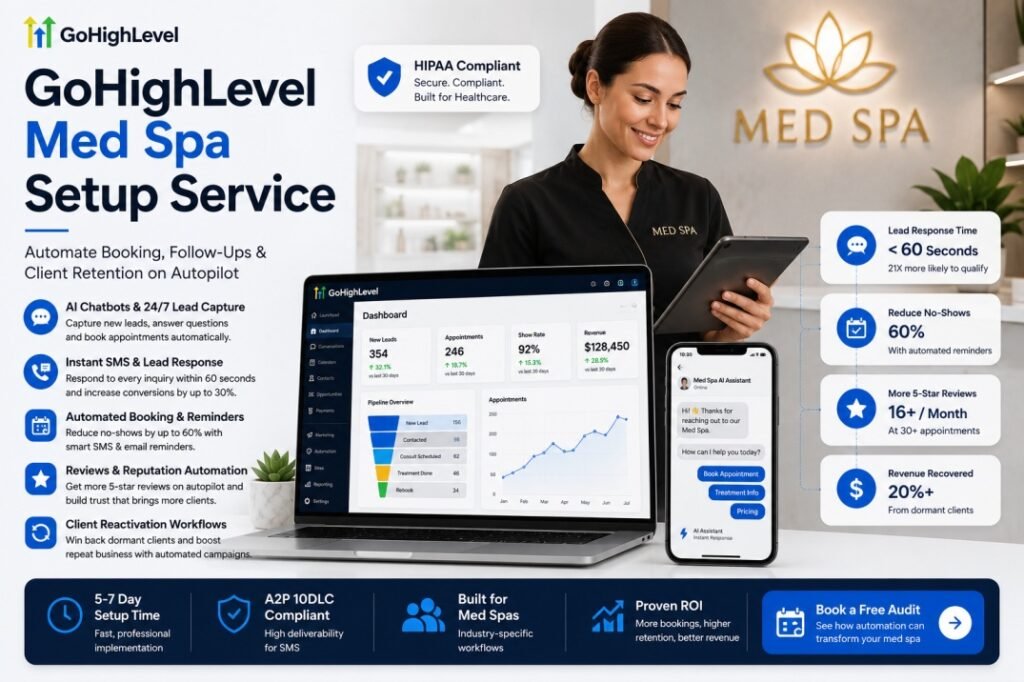 GoHighLevel Med Spa Setup Service hero image showing CRM dashboard, AI chatbot, SMS automation, appointment reminders, HIPAA compliance, and med spa marketing automation.