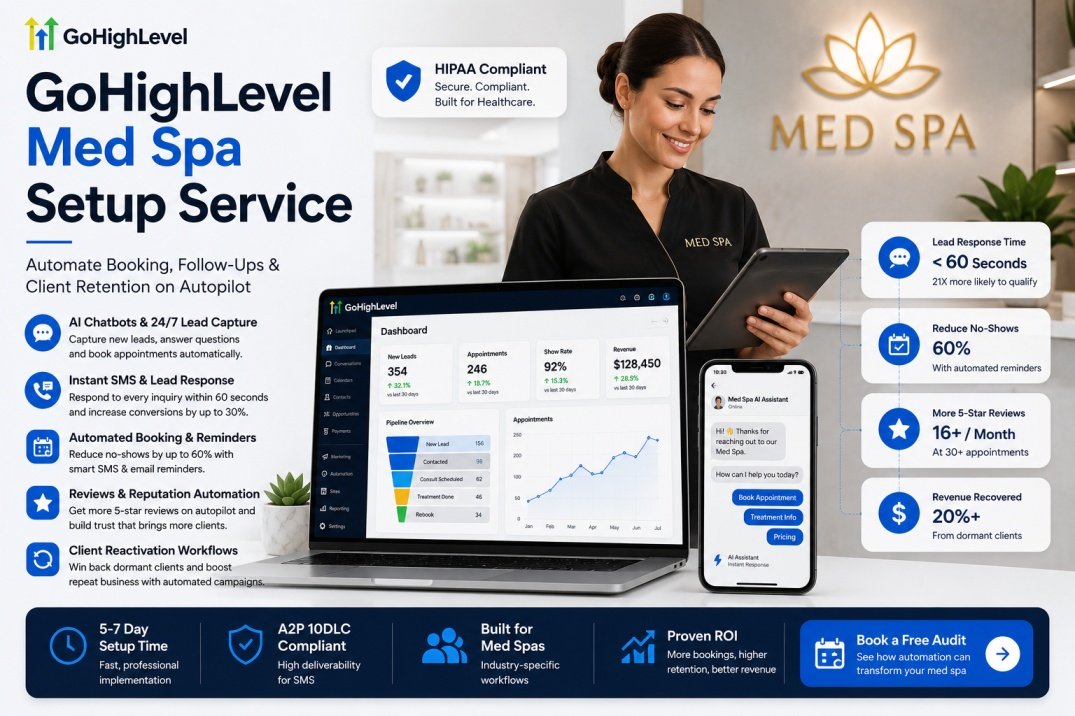 GoHighLevel Med Spa Setup Service hero image showing CRM dashboard, AI chatbot, SMS automation, appointment reminders, HIPAA compliance, and med spa marketing automation.