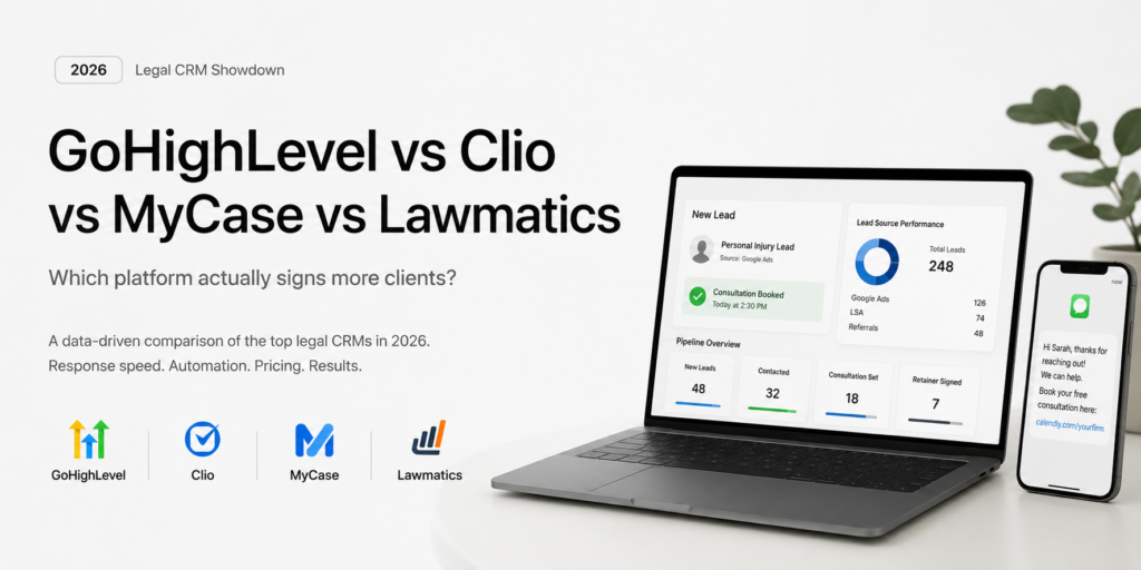 Minimal Apple-style hero image comparing GoHighLevel, Clio, MyCase, and Lawmatics for law firms, featuring a CRM dashboard on a laptop, SMS lead response on a smartphone, and a clean modern workspace.