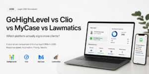 Minimal Apple-style hero image comparing GoHighLevel, Clio, MyCase, and Lawmatics for law firms, featuring a CRM dashboard on a laptop, SMS lead response on a smartphone, and a clean modern workspace.