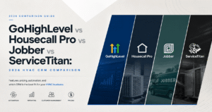 This banner illustrates a side-by-side comparison of four leading HVAC CRM platforms: GoHighLevel, Housecall Pro, Jobber, and ServiceTitan. Designed for the Autoesta blog, it highlights the major CRM solutions used by HVAC contractors in 2026, focusing on automation, scheduling, customer relationship management, reporting, and pricing. The clean, modern layout reinforces the article's goal of helping HVAC business owners select the right CRM to improve operations and increase revenue.