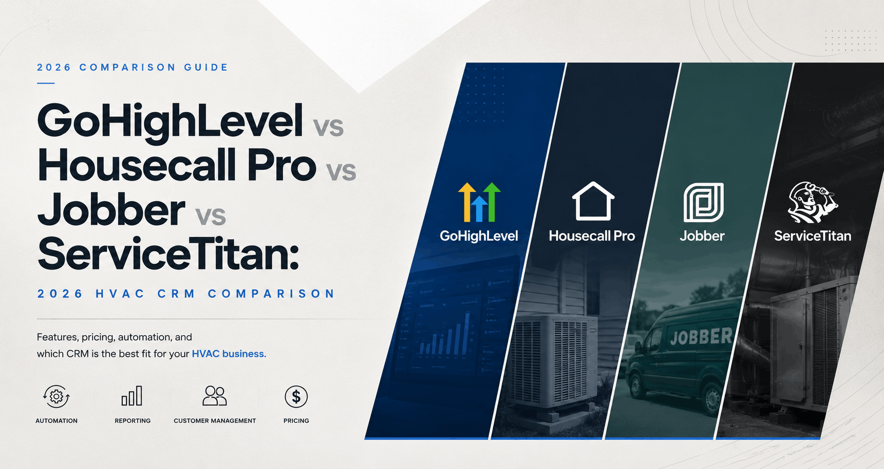 This banner illustrates a side-by-side comparison of four leading HVAC CRM platforms: GoHighLevel, Housecall Pro, Jobber, and ServiceTitan. Designed for the Autoesta blog, it highlights the major CRM solutions used by HVAC contractors in 2026, focusing on automation, scheduling, customer relationship management, reporting, and pricing. The clean, modern layout reinforces the article's goal of helping HVAC business owners select the right CRM to improve operations and increase revenue.