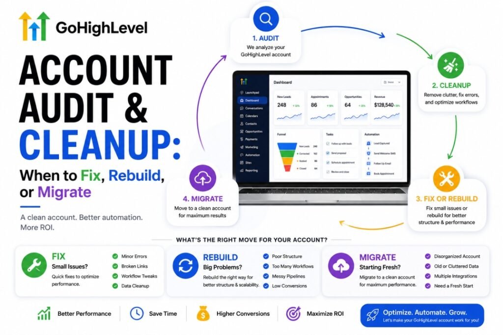 GoHighLevel account audit and cleanup process showing CRM health checks, automation review, data cleanup, and decisions to fix, rebuild, or migrate