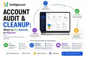 GoHighLevel account audit and cleanup process showing CRM health checks, automation review, data cleanup, and decisions to fix, rebuild, or migrate