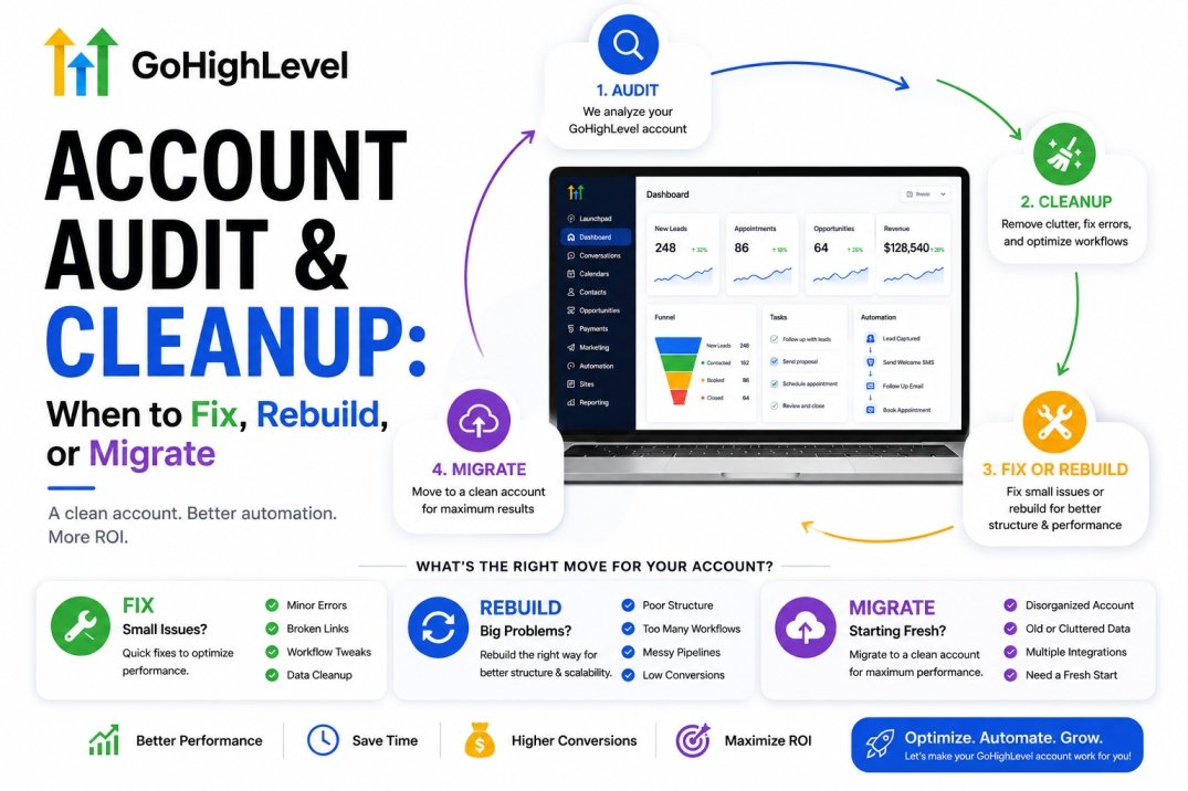 GoHighLevel account audit and cleanup process showing CRM health checks, automation review, data cleanup, and decisions to fix, rebuild, or migrate